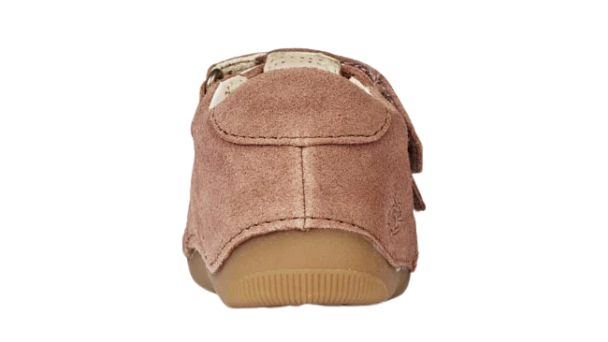 Kinder-Barfußschuh mit breiter Zehenbox, geschlossenem Zehenbereich, geschlossenem Fersenbereich, Riemenkonstruktion mit Verschluss, flacher flexibler Sohle, Rückansicht, Einzelschuh