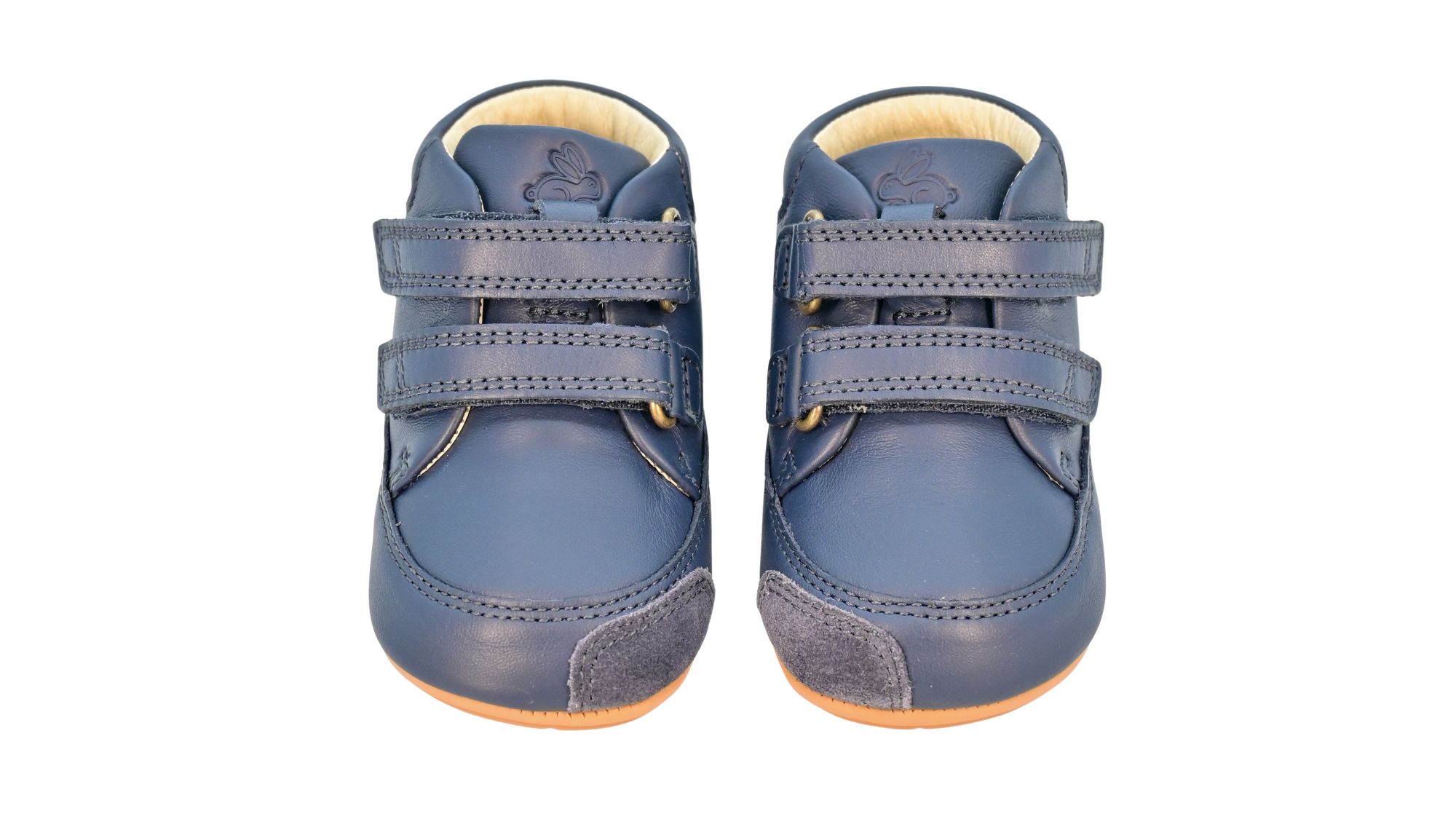 Barfußschuh mit zwei Klettverschlüssen, breite Zehenbox, flexible Sohle, geschlossener Schaft, geschlossener Fersenbereich, Draufsicht als Paar