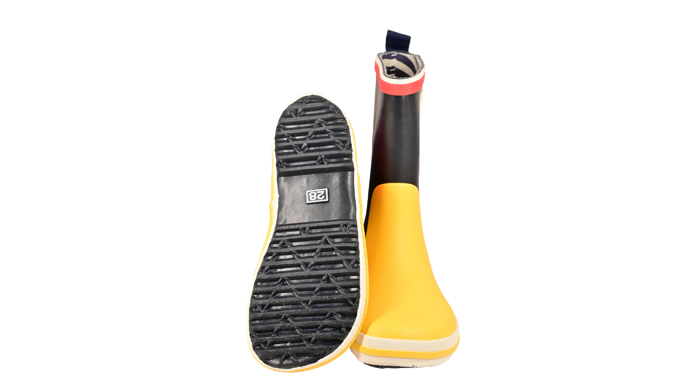 Gummistiefel für Kinder, hoher Schaft, geschlossene Zehen und geschlossener Fersenbereich, profilierte Sohle, Vorderansicht und Ansicht von unten als Paar