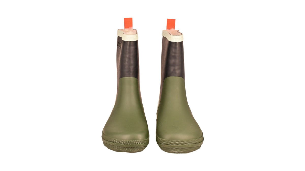 Barfußgummistiefel mit breiter Zehenbox, flexibler Sohle, geschlossenem Schaft, geschlossener Fersenbereich, Vorderansicht, Paar