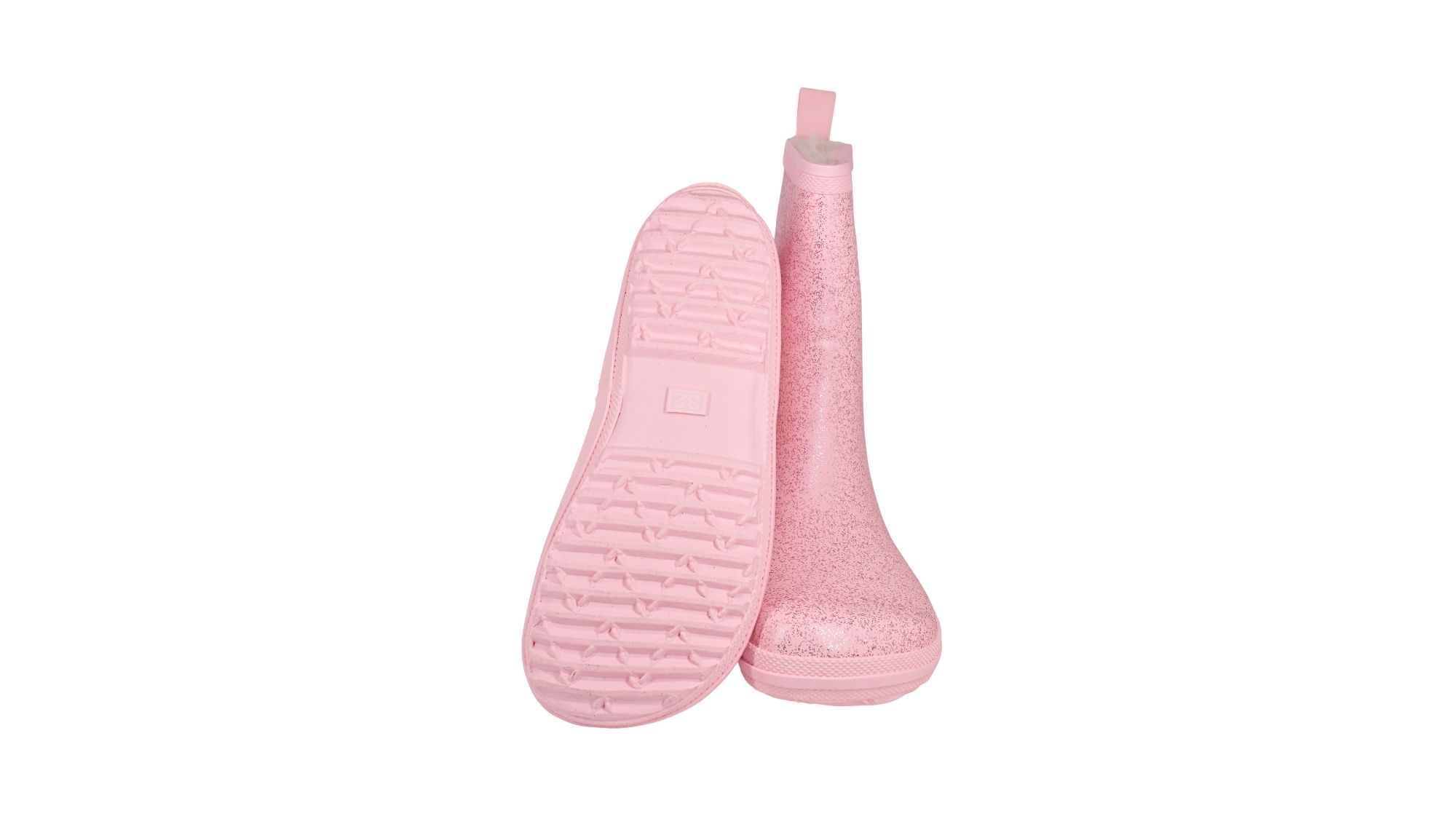 Barfußgummistiefel mit breiter Zehenbox, flexibler Sohle, geschlossenem Schaft, geschlossener Fersenbereich, Ansicht von unten und Vorderansicht