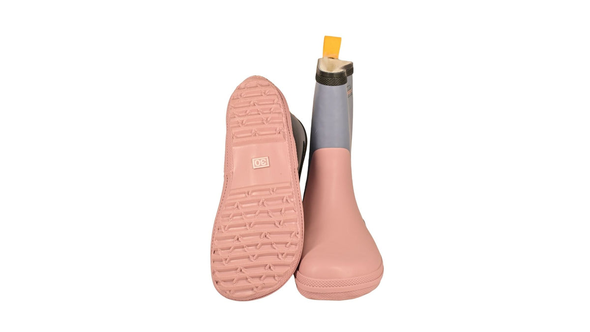 Barfußgummistiefel mit breiter Zehenbox, flexibler Sohle, geschlossenem Schaft, geschlossener Fersenbereich, Ansicht von unten und Draufsicht