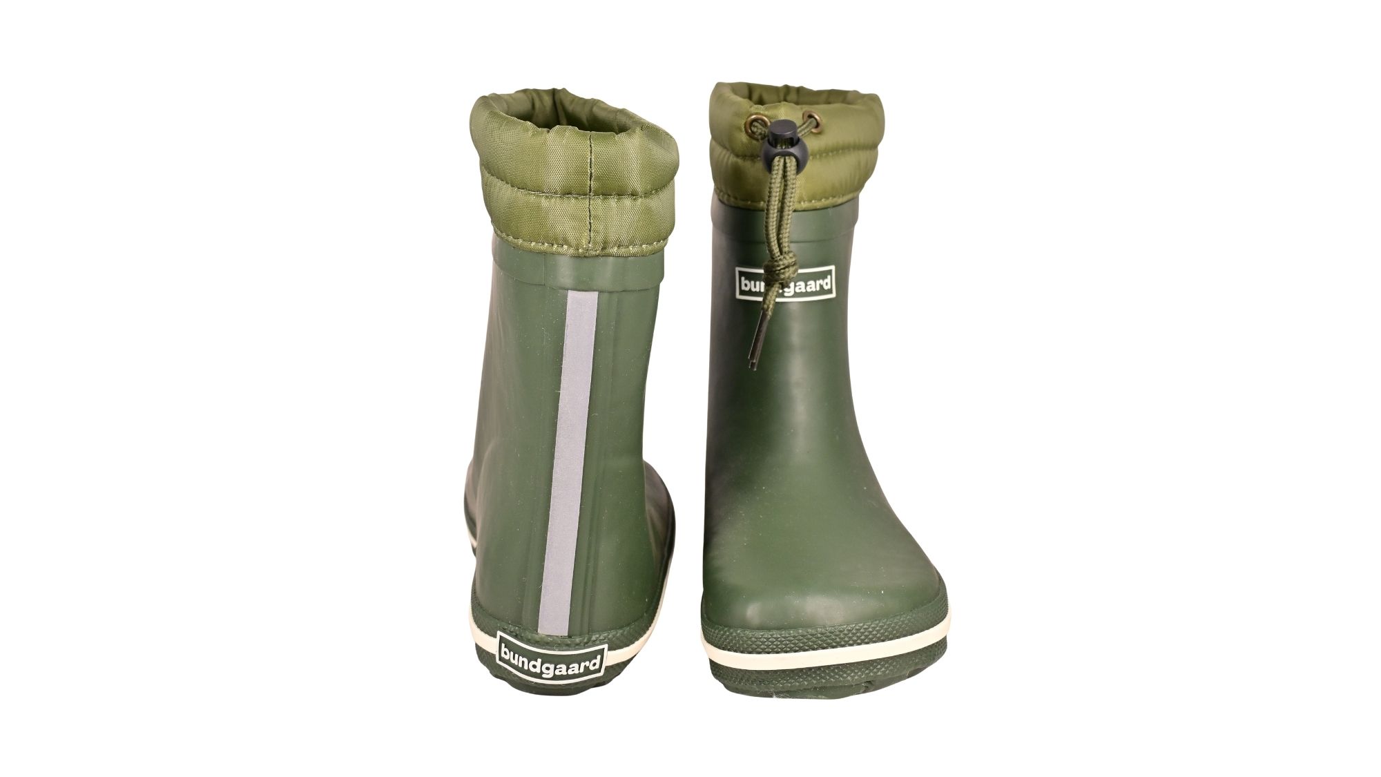 Barfußgummistiefel mit breiter Zehenbox, flexibler Sohle, geschlossenem Schaft mit Kordelzug, geschlossener Fersenbereich, Vorder- unf Rückansicht als Paar