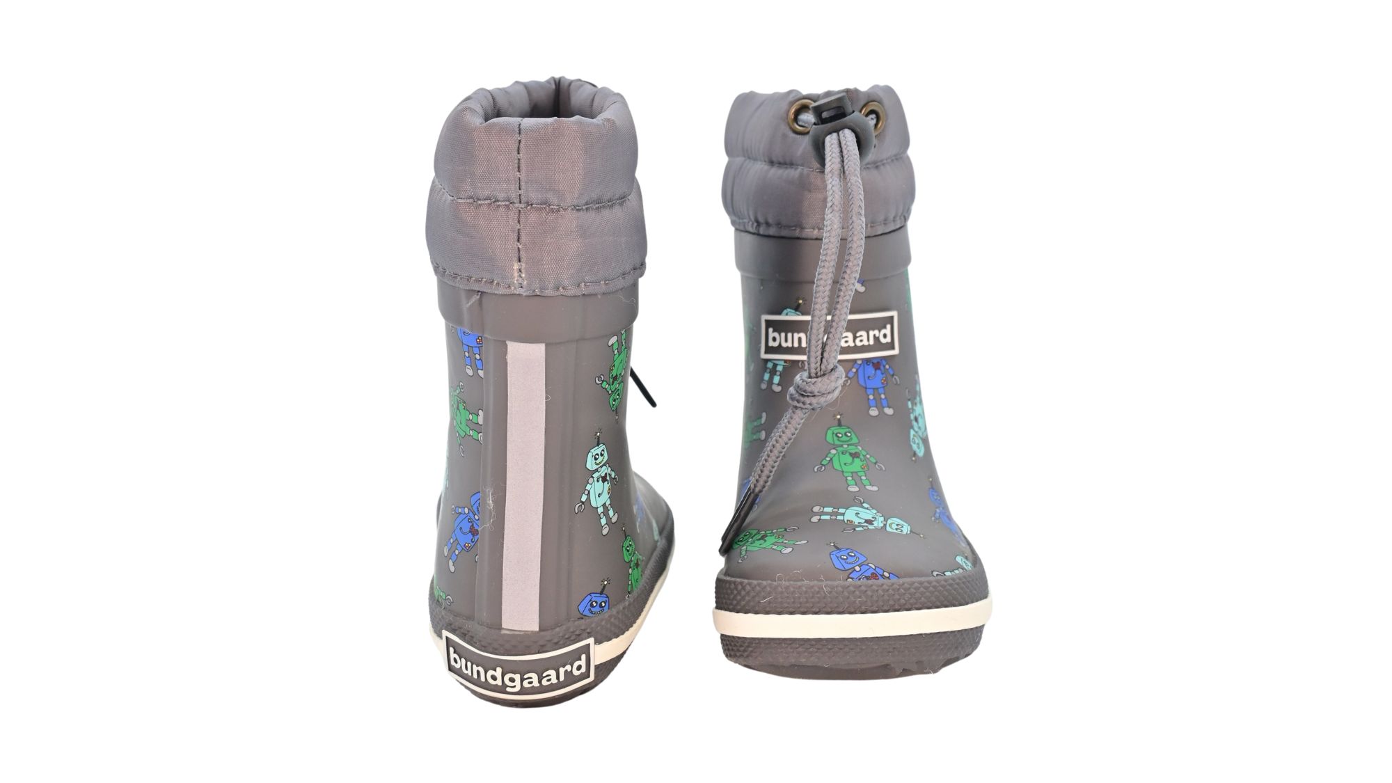 Barfußgummistiefel mit breiter Zehenbox, flexibler Sohle, geschlossenem Schaft mit Kordelzug, geschlossener Fersenbereich, Vorder- und Rückansicht als Paar
