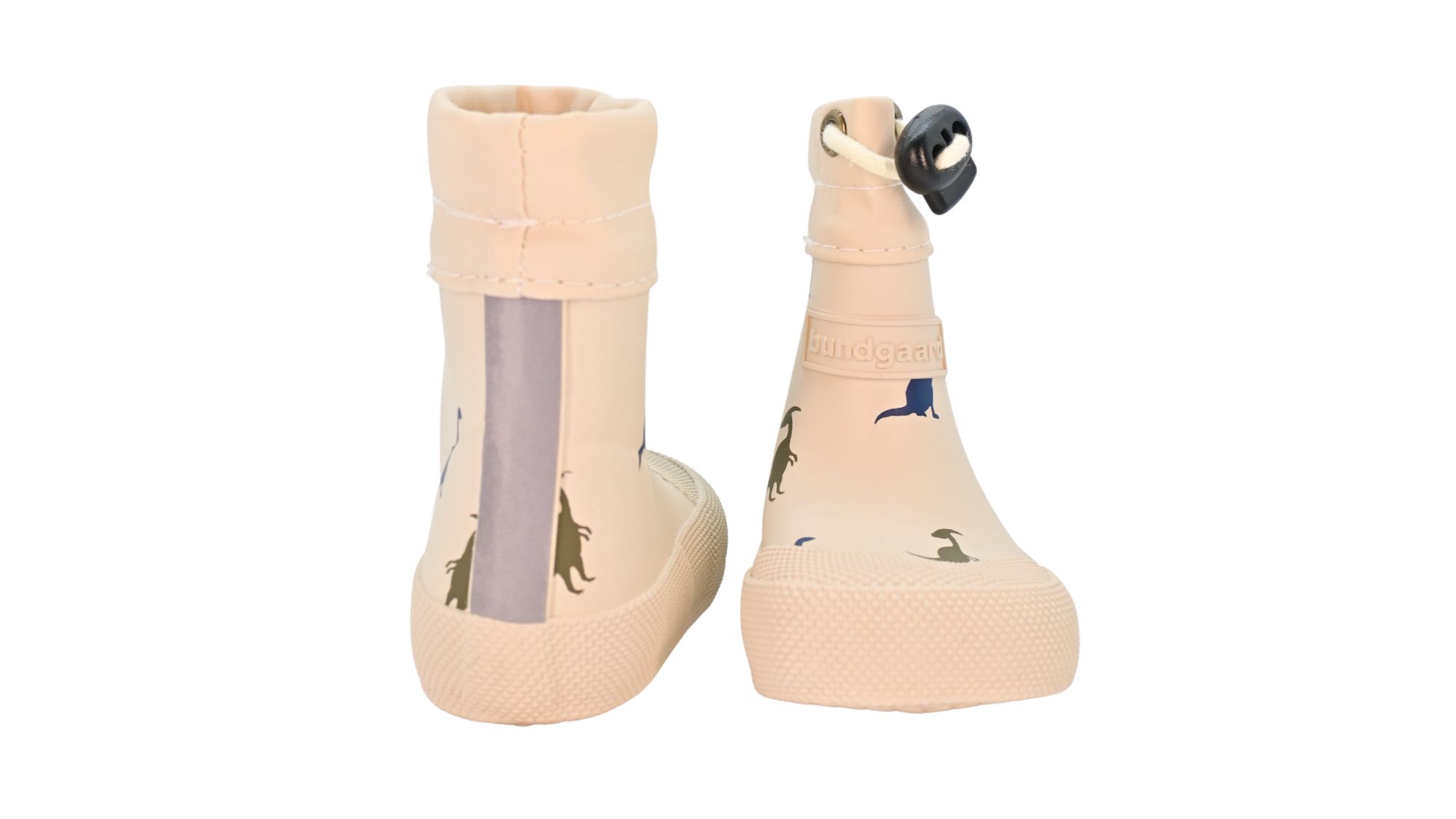 Barfußgummistiefel mit breiter Zehenbox, flexibler Sohle, geschlossenem Schaft, geschlossener Fersenbereich, Vorder- und Rückansicht als Paar