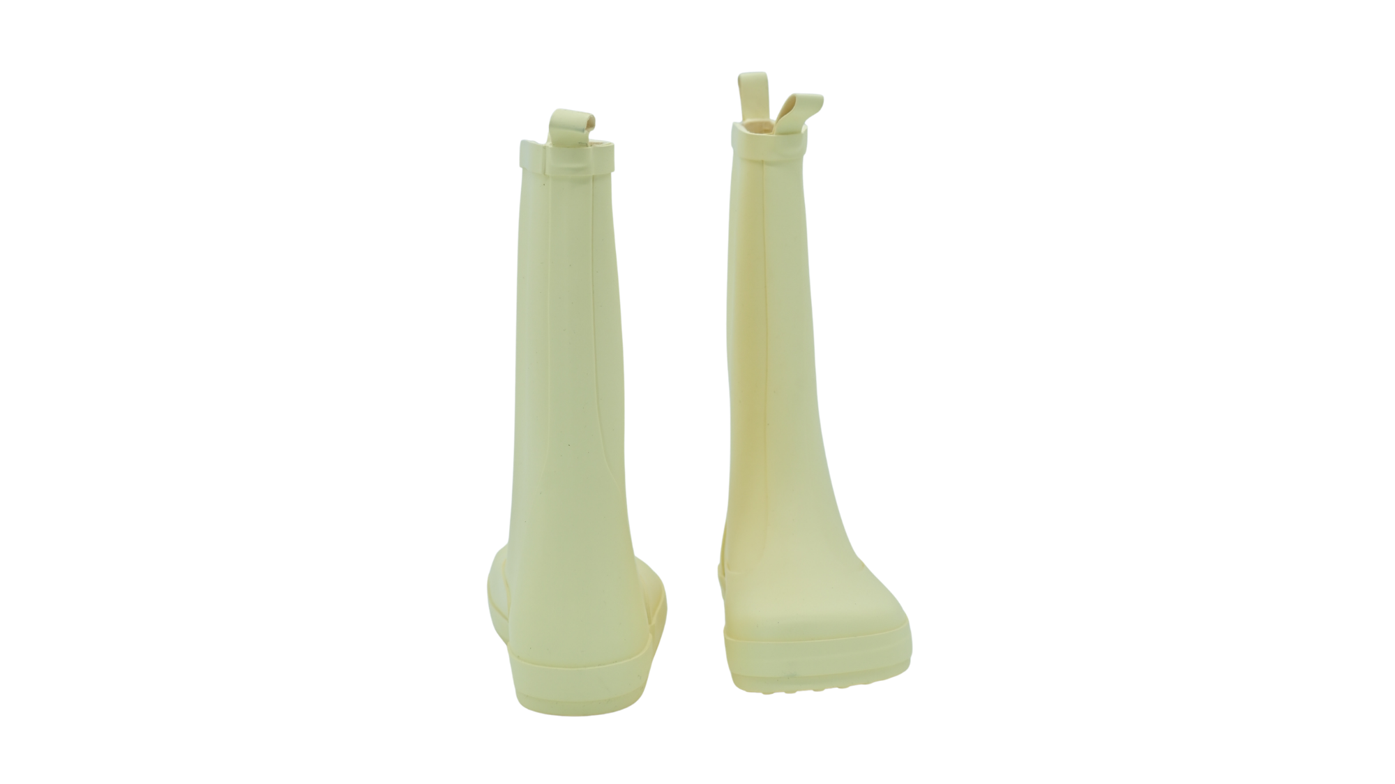 Kinder-Barfußgummistiefel mit breiter Zehenbox, geschlossenem Zehenbereich, geschlossenem Fersenbereich, hohem Schaft, Schlupfform ohne Verschluss, flexible Sohle, Rück- und Vorderansicht, Paar