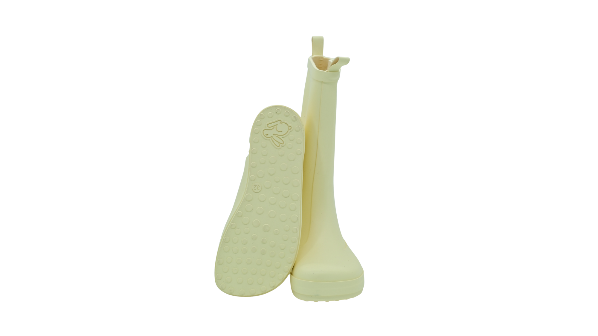 Kinder-Barfußgummistiefel mit breiter Zehenbox, geschlossenem Zehenbereich, geschlossenem Fersenbereich, hohem Schaft, Schlupfform ohne Verschluss, flexible Sohle, Ansicht von unten und Vorderansicht, Paar