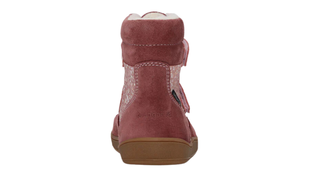 Gefütterter Barfußstiefel für Kinder, knöchelhoch, geschlossene Zehen und geschlossener Fersenbereich, Doppelklettverschluss, flexible Sohle, Rückansicht, Einzelschuh