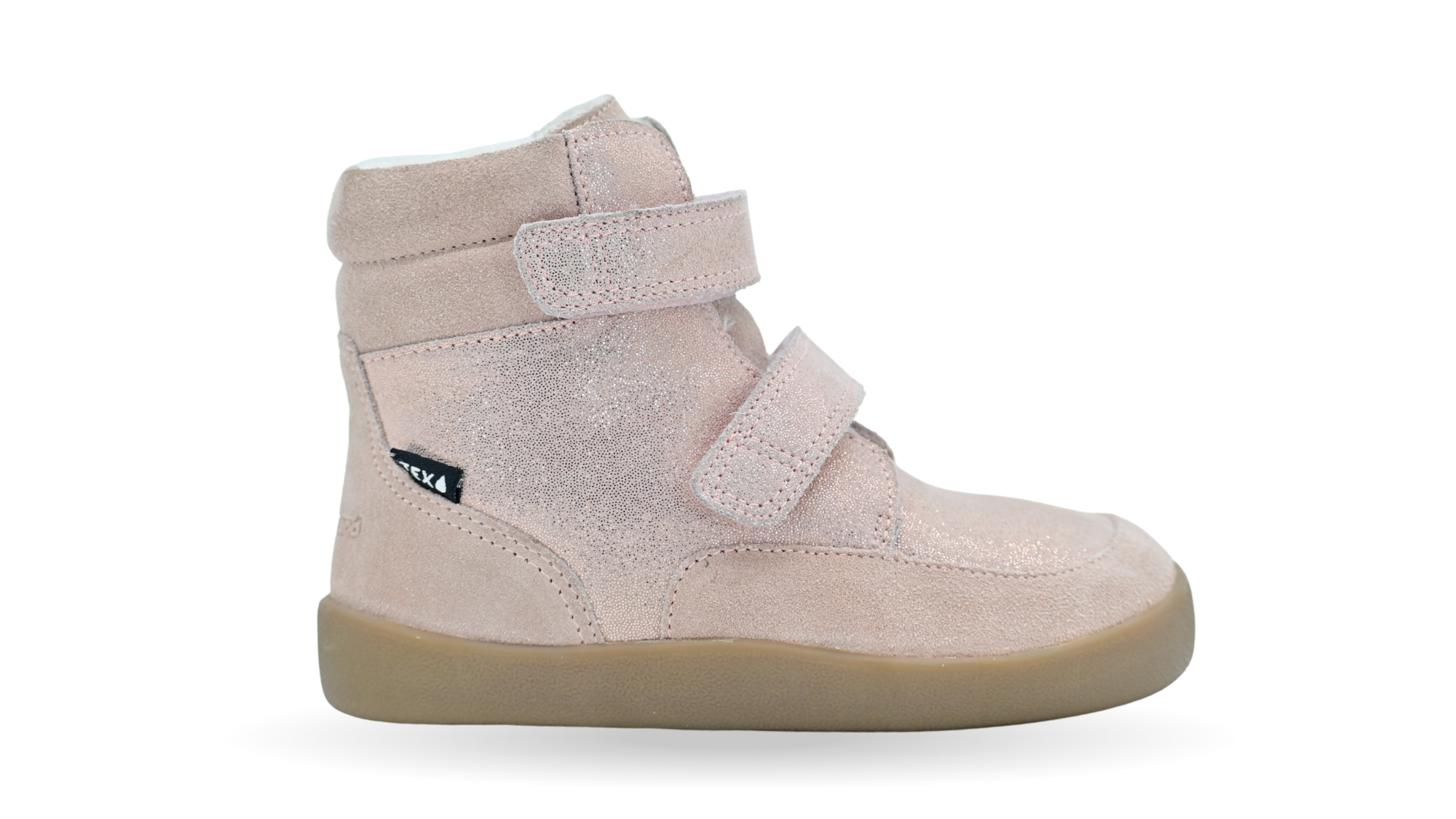 Kinder-Barfußwinterstiefel mit breiter Zehenbox, geschlossenem Zehenbereich, geschlossener Ferse, Riemenkonstruktion, hohem Schaft, flexibler Sohle, Seitenansicht außen
