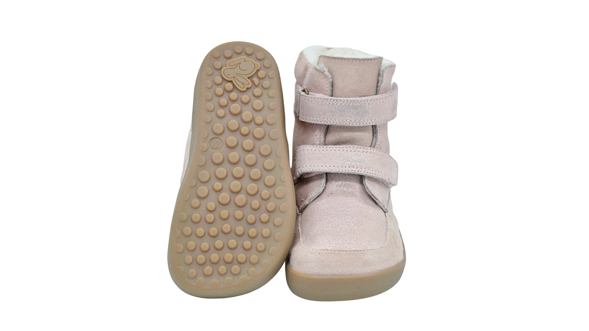 Kinder-Barfußwinterstiefel mit breiter Zehenbox, geschlossenem Zehenbereich, geschlossener Ferse, Riemenkonstruktion, hohem Schaft, flexibler Sohle, Ansicht von unten und Vorderansicht, Paar