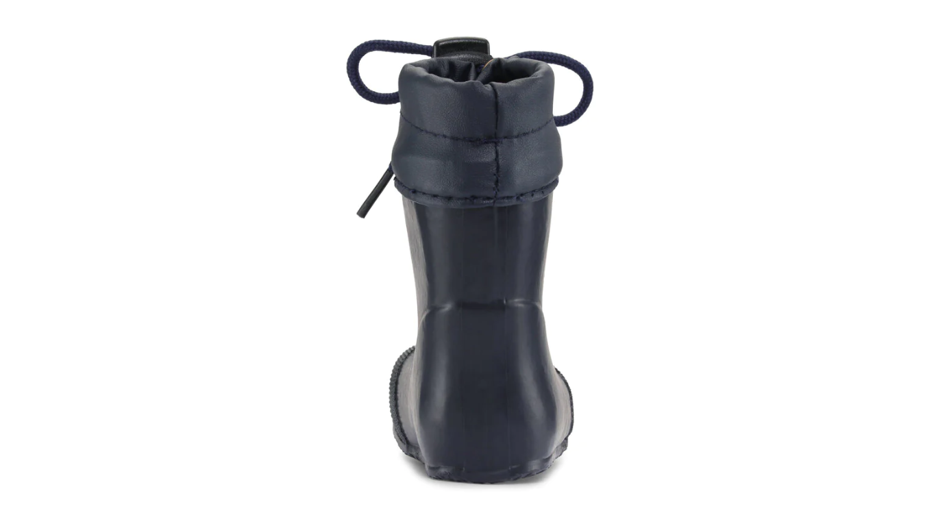 Gummistiefel für Kinder als Paar, hoher Schaft mit Tunnelzug, geschlossene Zehen und geschlossener Fersenbereich, profilierte Sohle, Einzelschuh, Rückansicht