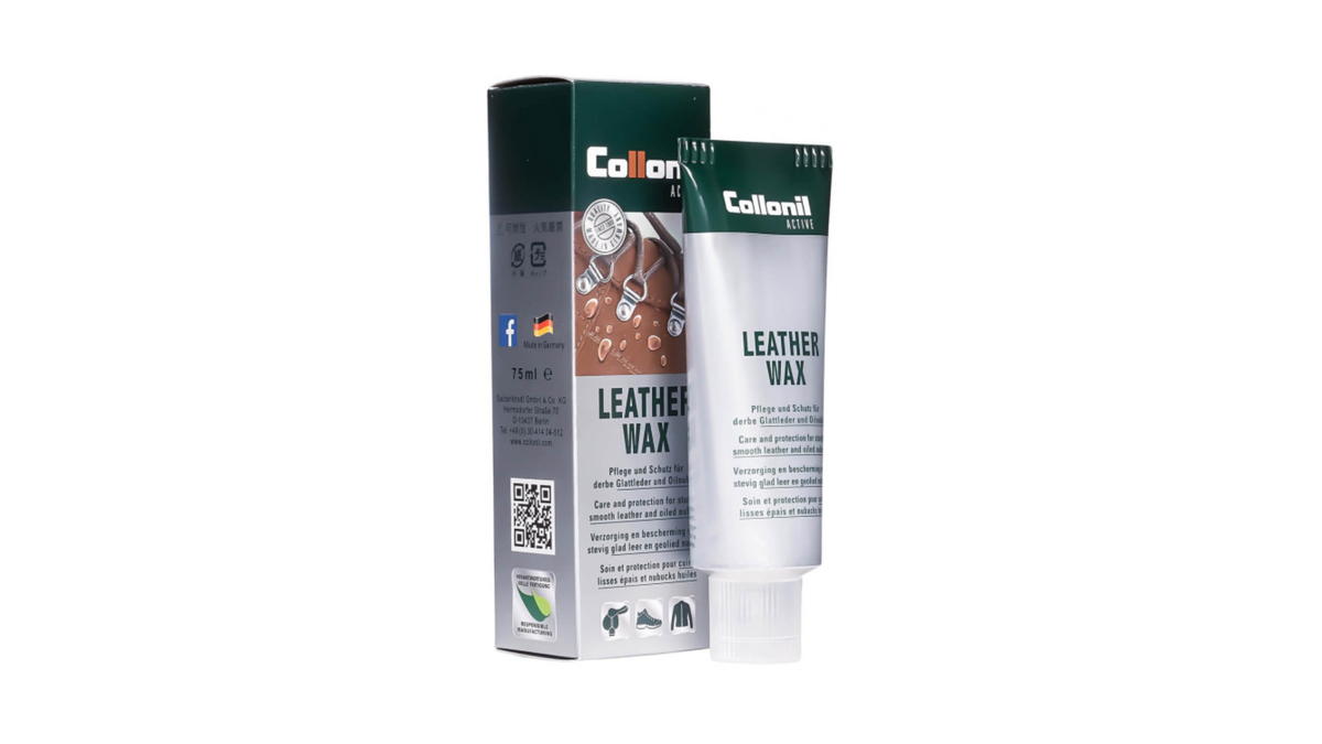 Karton und Tube eines Schupflegemittels mit der Aufschrift "Collonil Active Leather Wax"