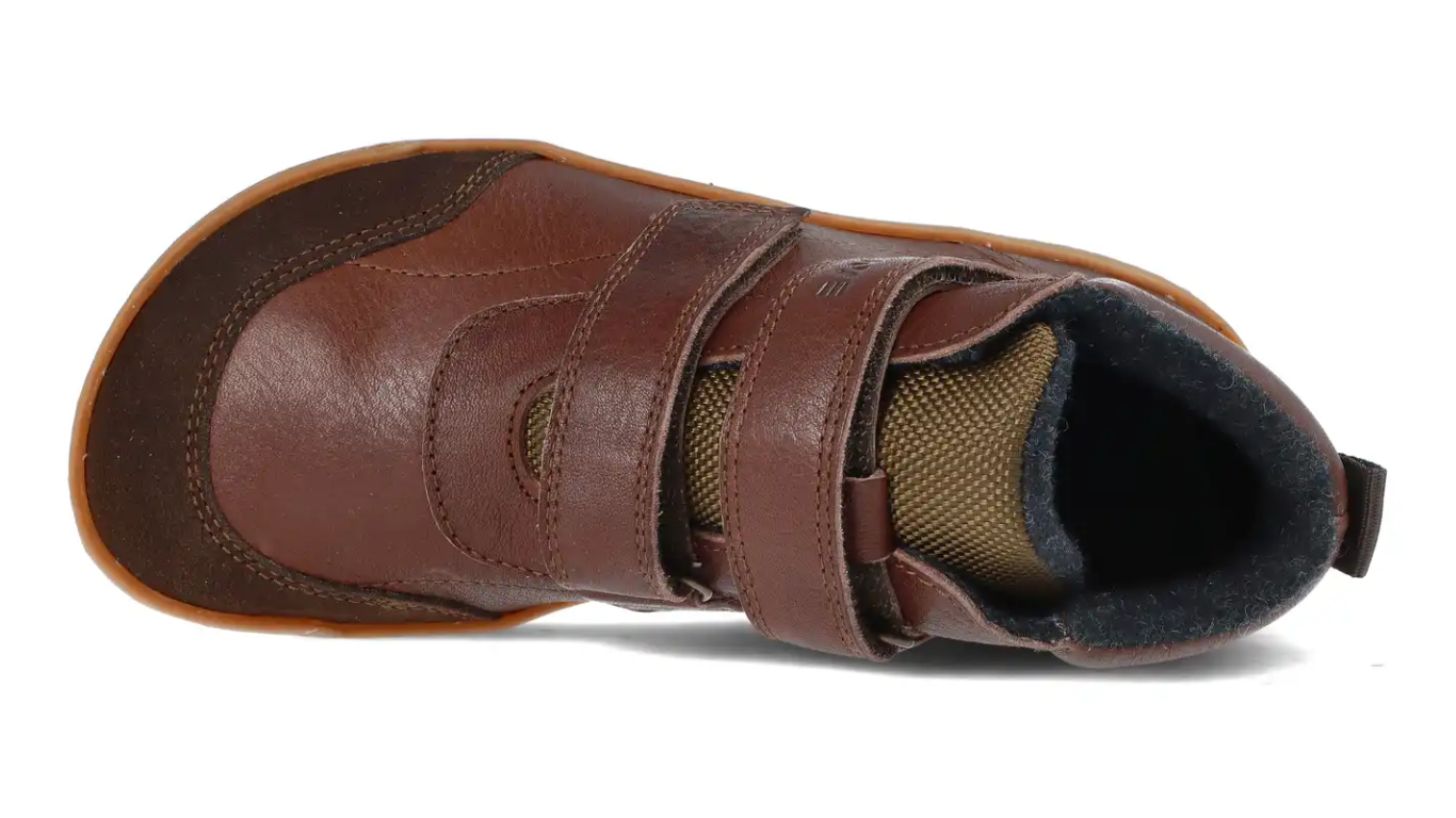 Alltagsbarfußschuh für Kinder, hoch geschnitten, mit breiter Zehenbox, Klettverschluss, geschlossenen Zehen und geschlossener Ferse, Draufsicht