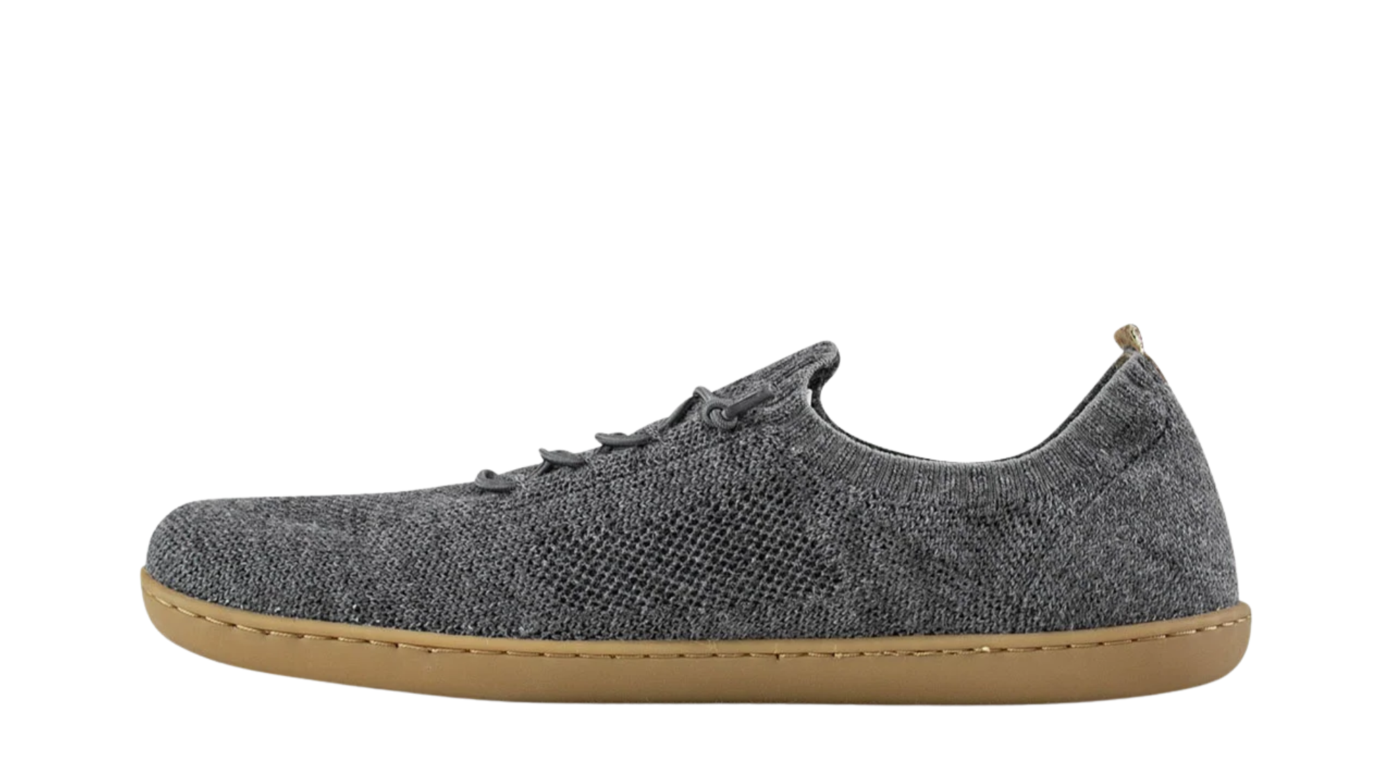 Barfußschuh mit Strickobermaterial, geschlossene Zehen und geschlossener Fersenbereich, elastische Schnürung, flexible Sohle, Einzelschuh, Seitenansicht innen