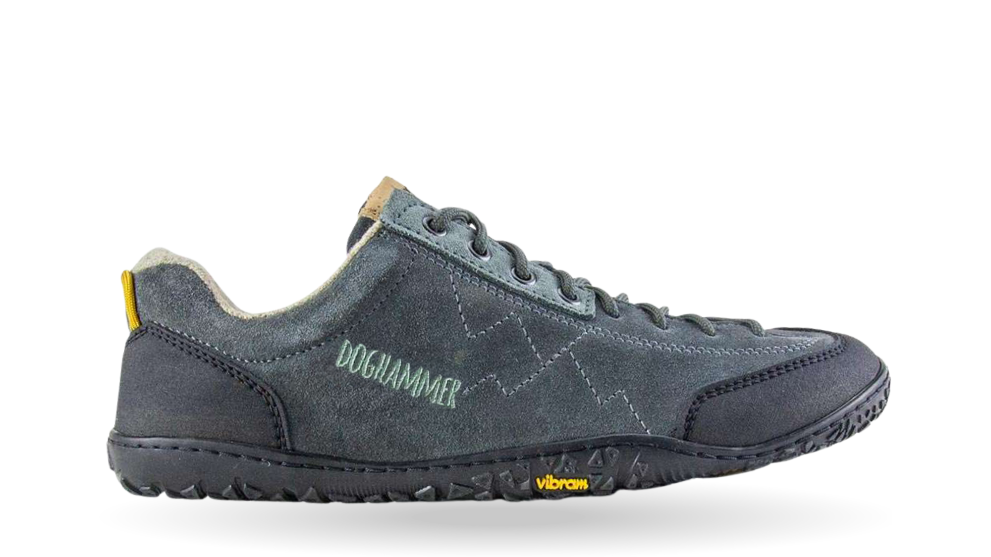 Barfuß-Wanderschuh für Erwachsene mit breiter Zehenbox, geschlossenem Zehenbereich, geschlossener Ferse, Schnürung, profilierte flexible Sohle, Seitenansicht außen.
