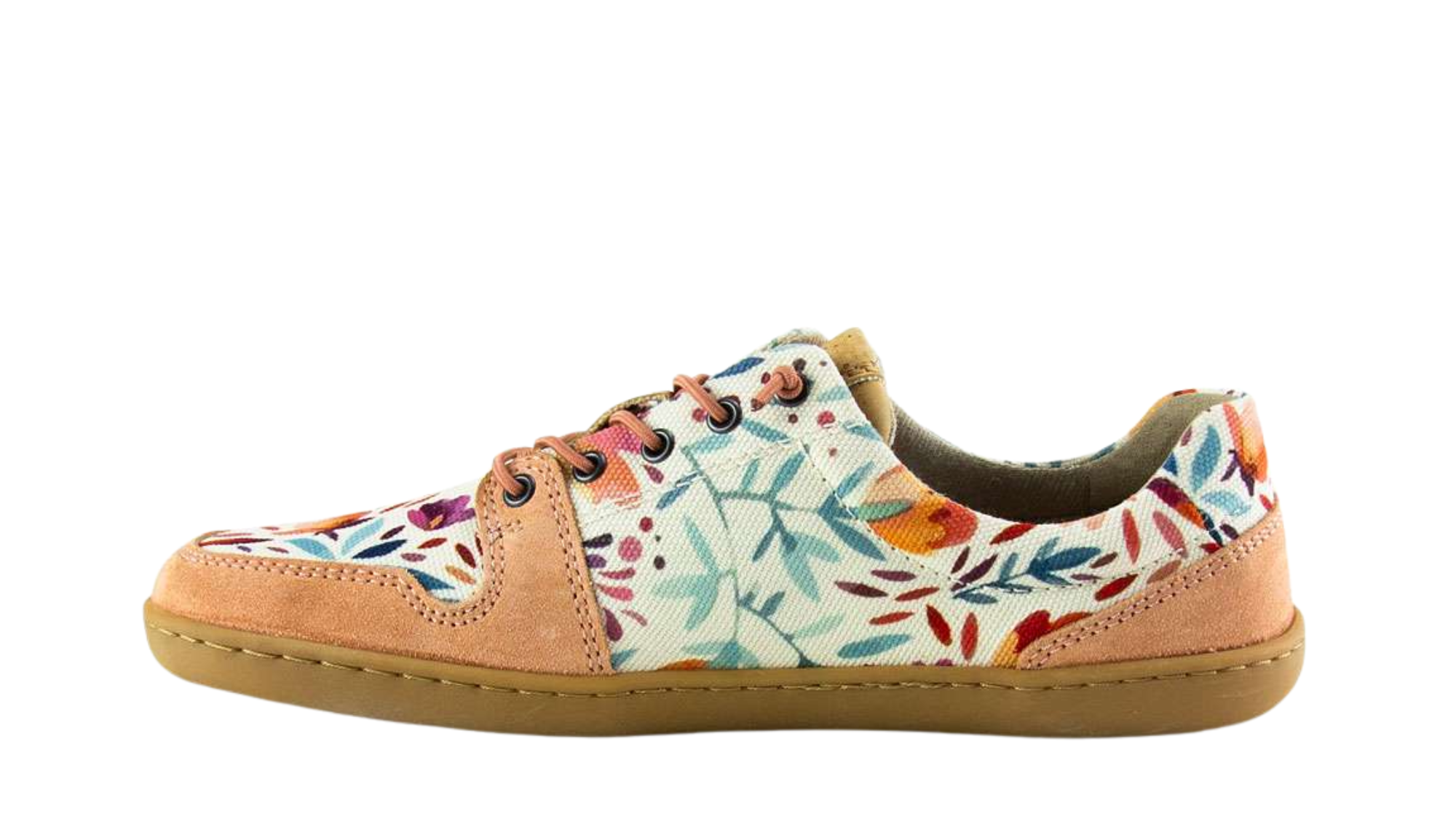 arfußschuh für Erwachsene mit breiter Zehenbox, geschlossenem Zehenbereich, geschlossener Ferse, Schnürung, flacher flexible Sohle, Seitenansicht innen.