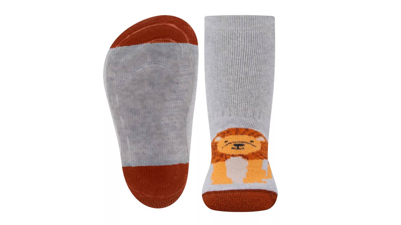 Kinder-Socke als Paar mit elastischem Schaft, Motiv im Fußbereich, eine Socke in Draufsicht, eine Socke in Ansicht von unten.