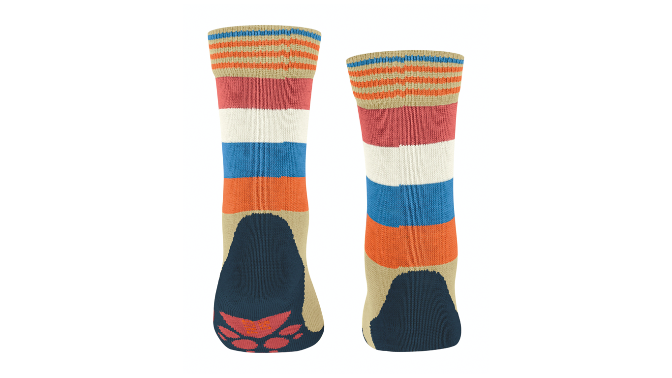 Kindersocken als Paar mit hohem Schaft und Streifenmuster, Rückansicht.