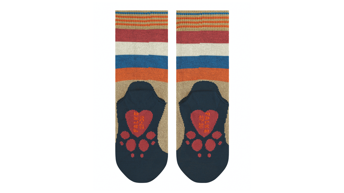 Kindersocken als Paar mit hohem Schaft und Motiv an der Sohle, Ansicht von unten.