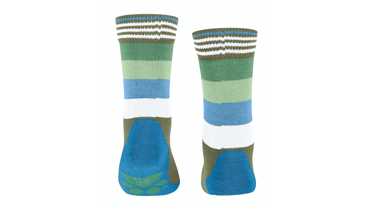 Kindersocken als Paar mit hohem Schaft und Streifenmuster, Rückansicht.