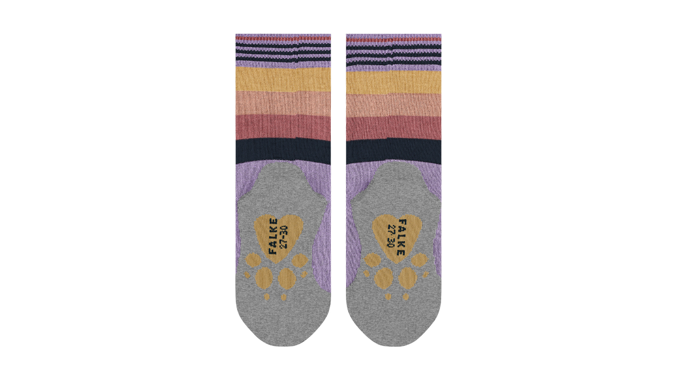 Kindersocken als Paar mit hohem Schaft und Motiv an der Sohle, Ansicht von unten.