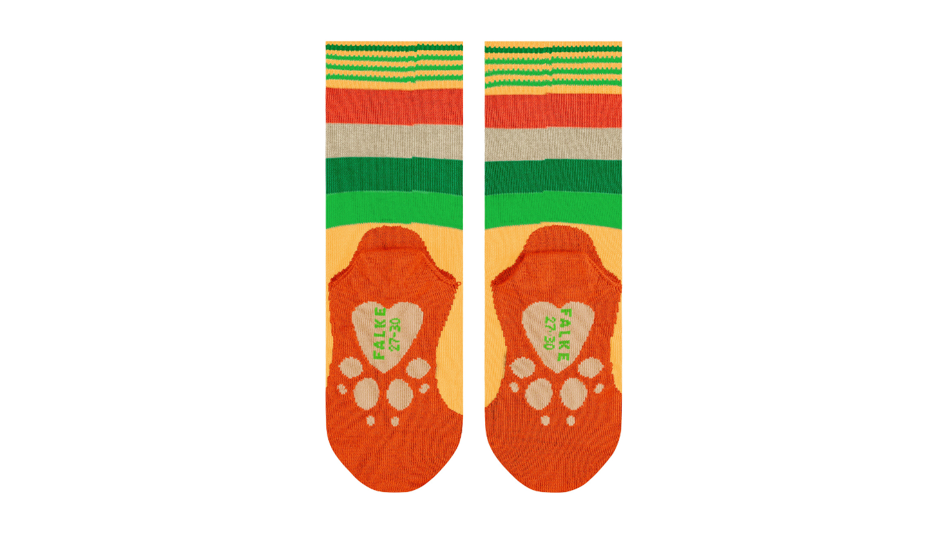 Kindersocken als Paar mit hohem Schaft und Motiv an der Sohle, Ansicht von unten.