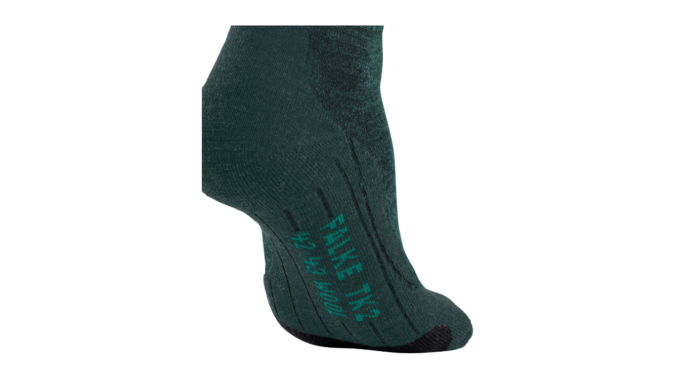 Wandersocken für Erwachsene mit mittlerem Schaft getragen am Bein, Detailansicht.