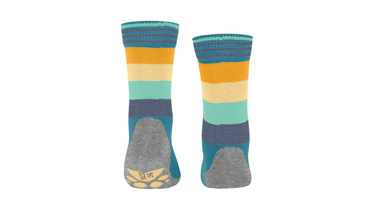 Kindersocken als Paar mit hohem Schaft und Streifenmuster, Rückansicht.