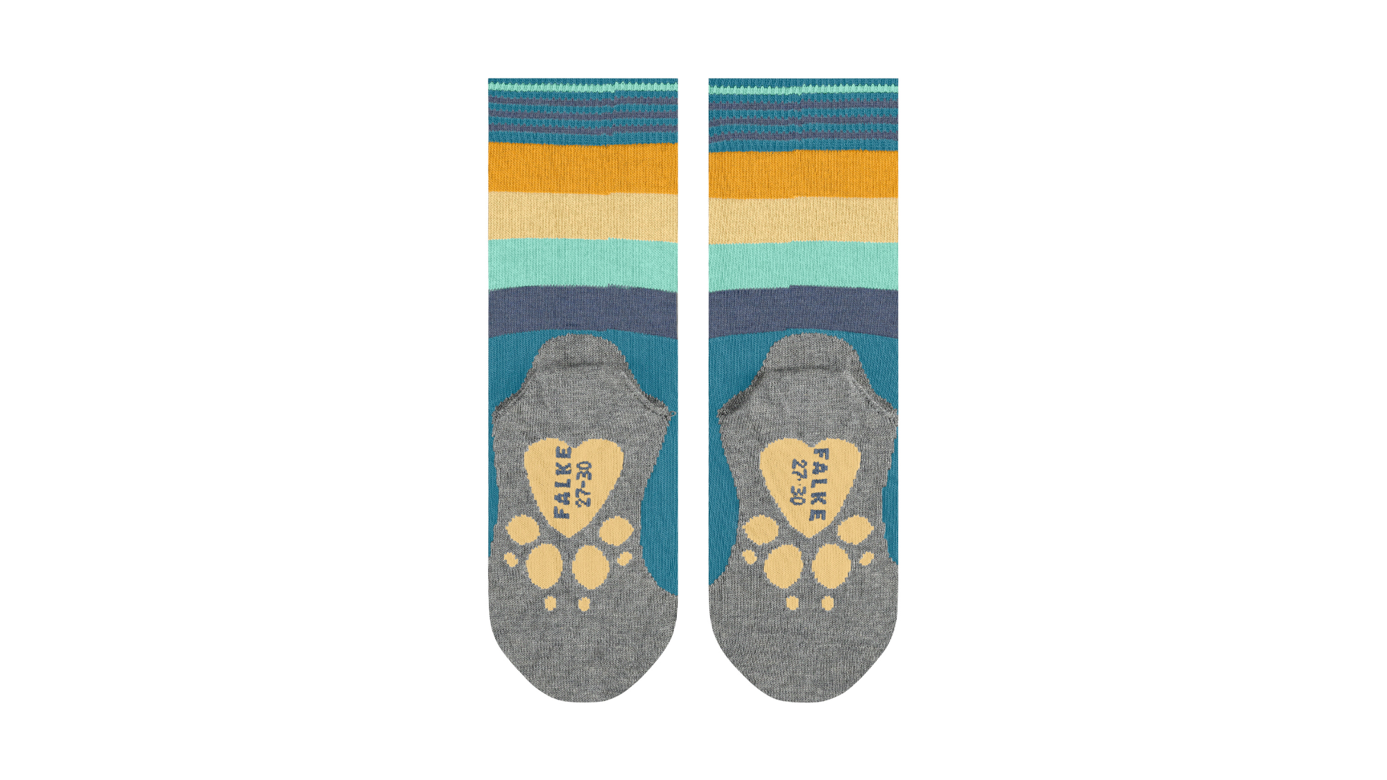 Kindersocken als Paar mit hohem Schaft und Motiv an der Sohle, Ansicht von unten.