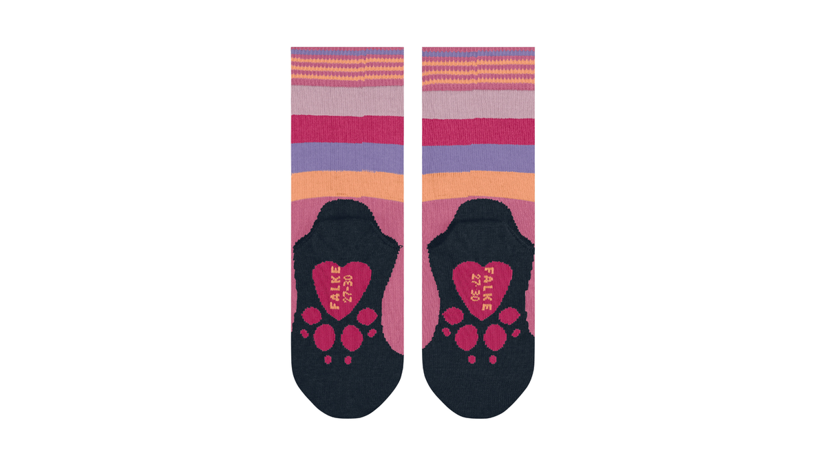 Kindersocken als Paar mit hohem Schaft und Motiv an der Sohle, Ansicht von unten.