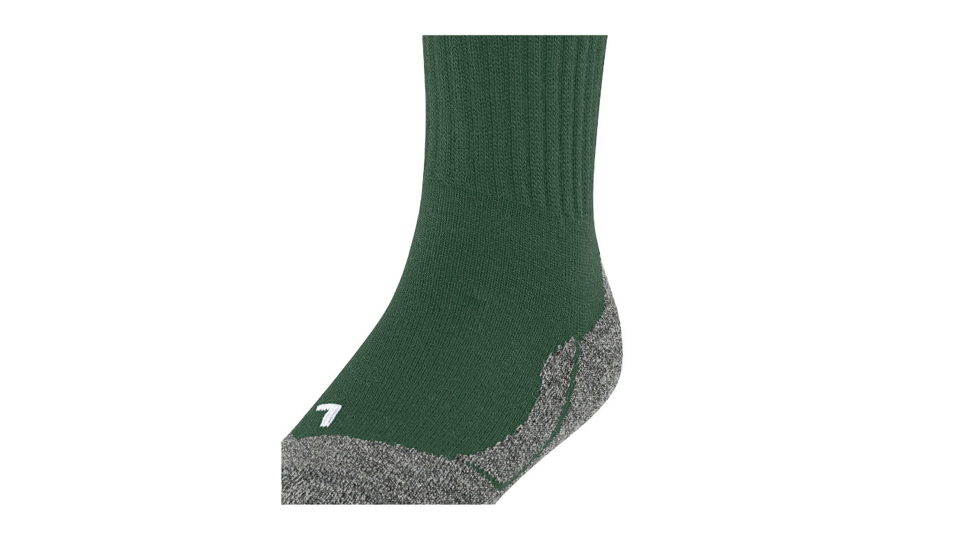 Einzelne Socke mit mittelhohem Schaft und geschlossener Zehenpartie, schräge Vorderansicht.