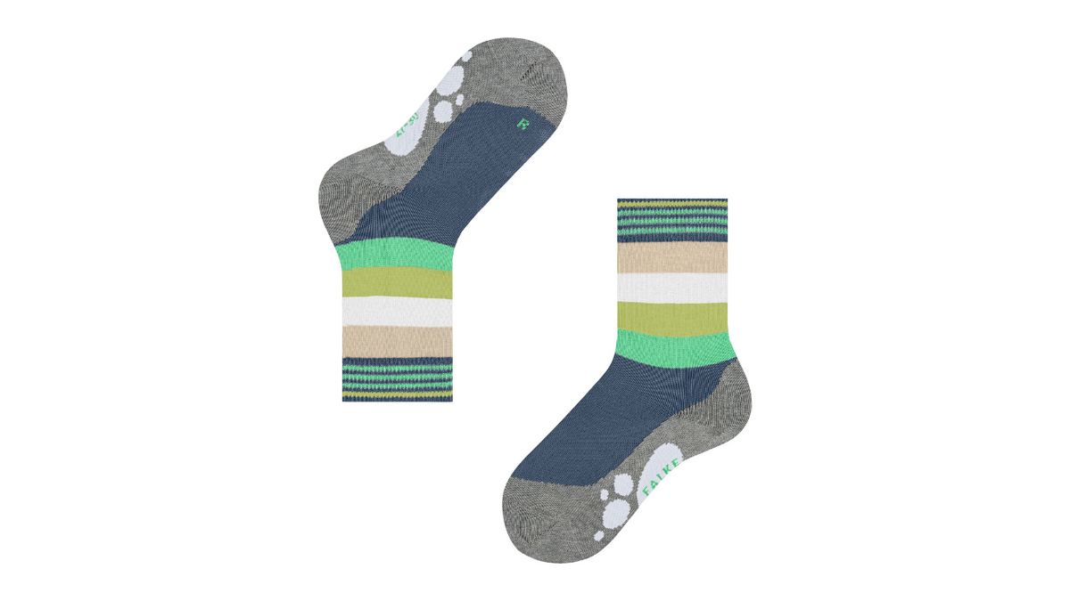 Kindersocken als Paar mit hohem Schaft und Streifenmuster, Seitenansicht.