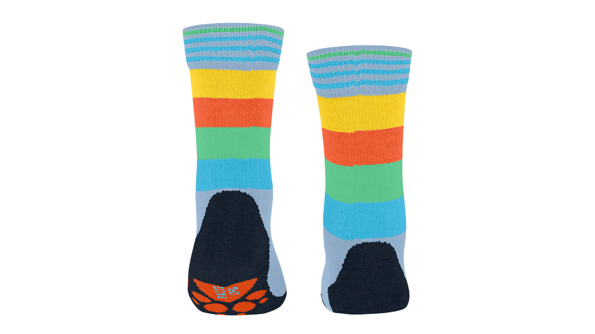 Kindersocken als Paar mit hohem Schaft und Streifenmuster, Rückansicht.