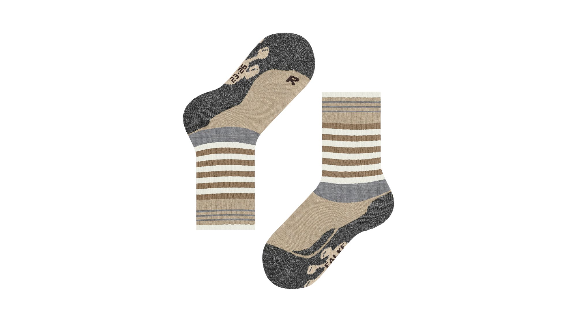 Paar wadenhohe Kindersocken mit Streifenmuster, ein Socken in Ansicht von unten, ein Socken in Seitenansicht