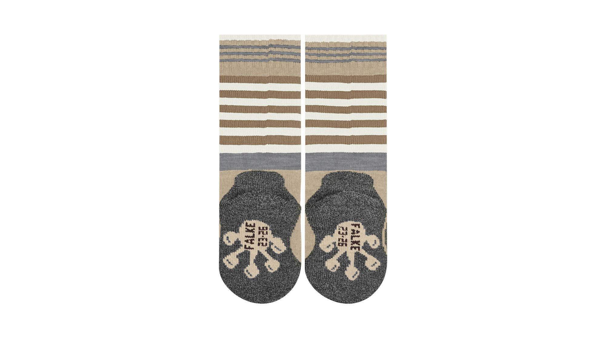 Paar wadenhohe Kindersocken mit Streifenmuster und Motiv im Sohlenbereich, Ansicht von unten