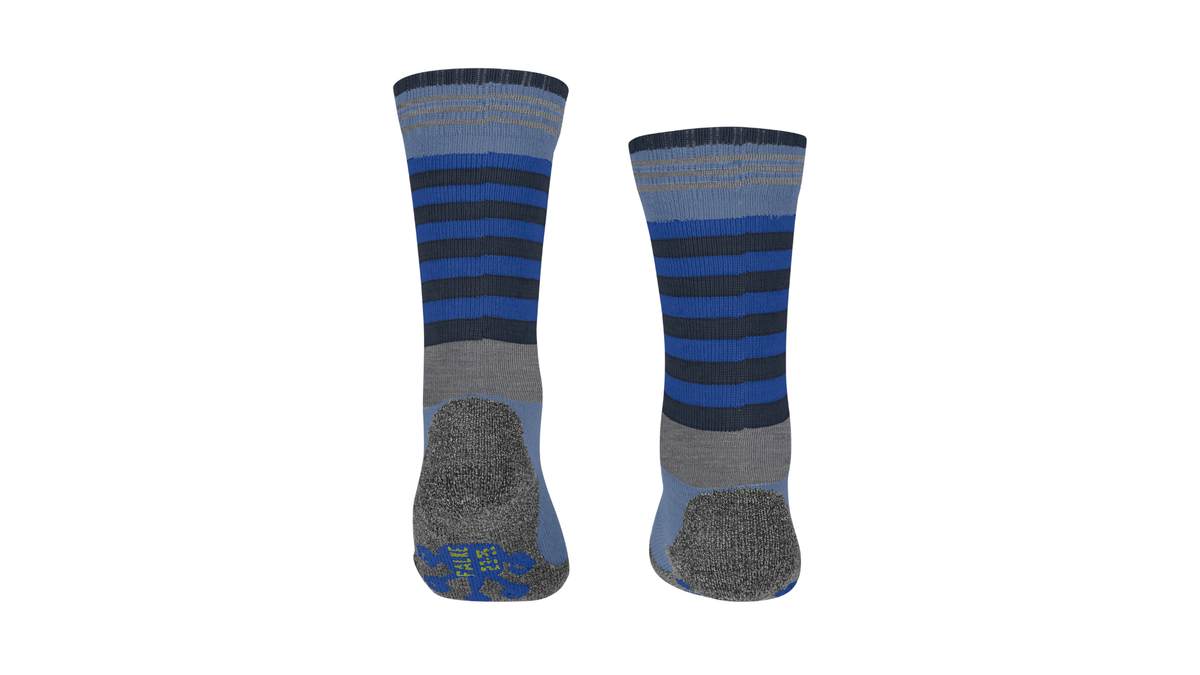 Paar wadenhohe Kindersocken mit Streifenmuster und abgesetztem Fersen- und Zehenbereich, Rückansicht