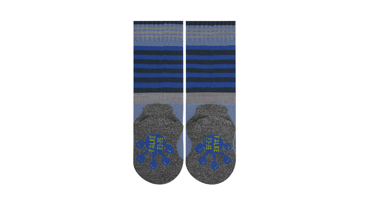 Paar wadenhohe Kindersocken mit Streifenmuster und Motiv im Sohlenbereich, Ansicht von unten
