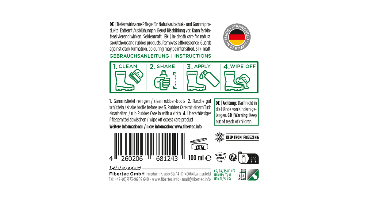 Schuhpflegemittel Verpackung mit Produktinformationen und Barcode, Rückseite, Detailansicht