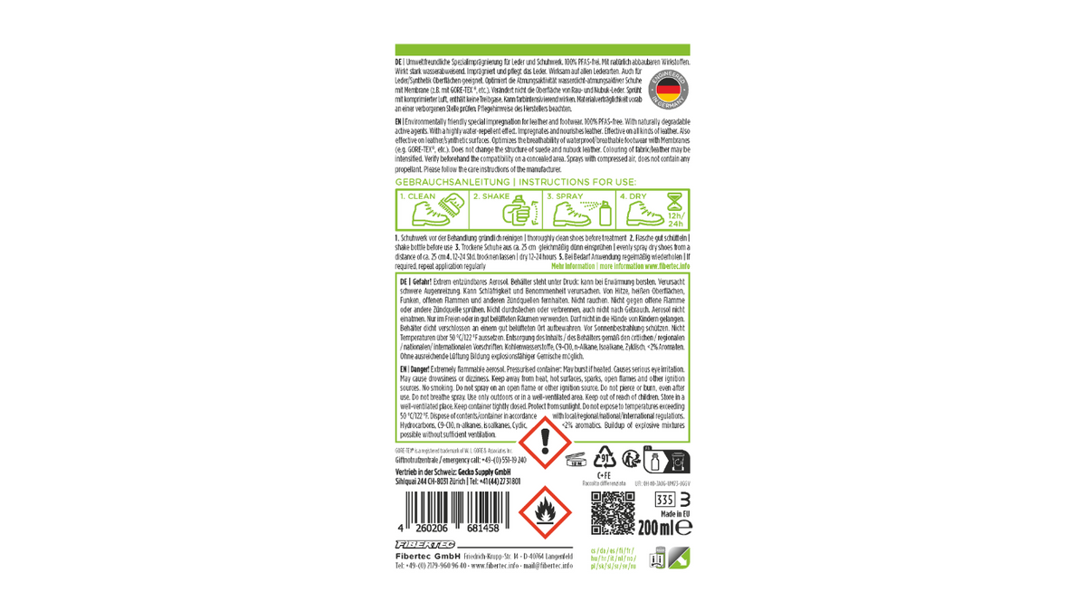 Etikett einer Imprägnierspraydose mit Anwendungshinweisen, Gefahrenpiktogrammen und Produktinformationen, Draufsicht