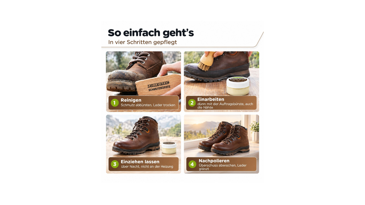 Lederwachs zur Schuhpflege, Anwendungsschritte zur Pflege von Schuhen mit Bürste und Wachs, Detailansicht