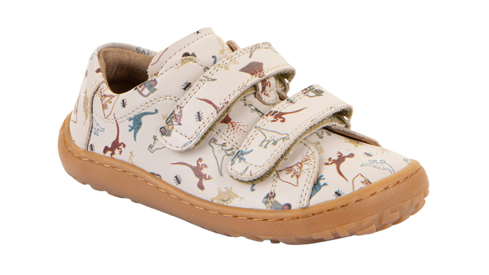 Barfußschuh für Kinder, geschlossene Zehen und geschlossener Fersenbereich, zwei Klettverschlüsse, flexible Sohle, Muster auf dem Obermaterial, schräge Vorderansicht, Einzelschuh