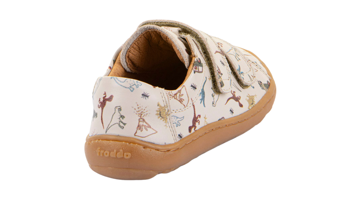 Barfußschuh für Kinder, geschlossene Zehen und geschlossener Fersenbereich, zwei Klettverschlüsse, flexible Sohle, Muster auf dem Obermaterial, Rückansicht, Einzelschuh
