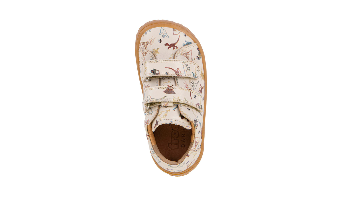 Barfußschuh für Kinder, geschlossene Zehen und geschlossener Fersenbereich, zwei Klettverschlüsse, flexible Sohle, Muster auf dem Obermaterial, Draufsicht, Einzelschuh