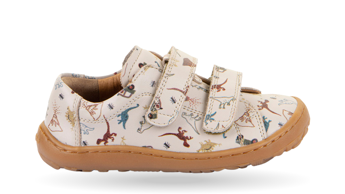 Barfußschuh für Kinder, geschlossene Zehen und geschlossener Fersenbereich, zwei Klettverschlüsse, flexible Sohle, Muster auf dem Obermaterial, Seitenansicht außen, Einzelschuh