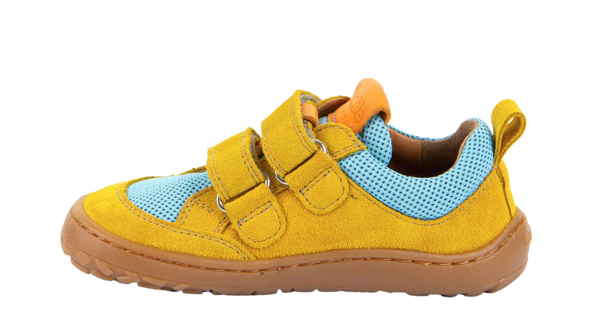 Barfußschuh für Kinder, geschlossene Zehen und geschlossener Fersenbereich, zwei Klettverschlüsse, flexible Sohle, textile Einsätze, Einzelschuh, Seitenansicht innen