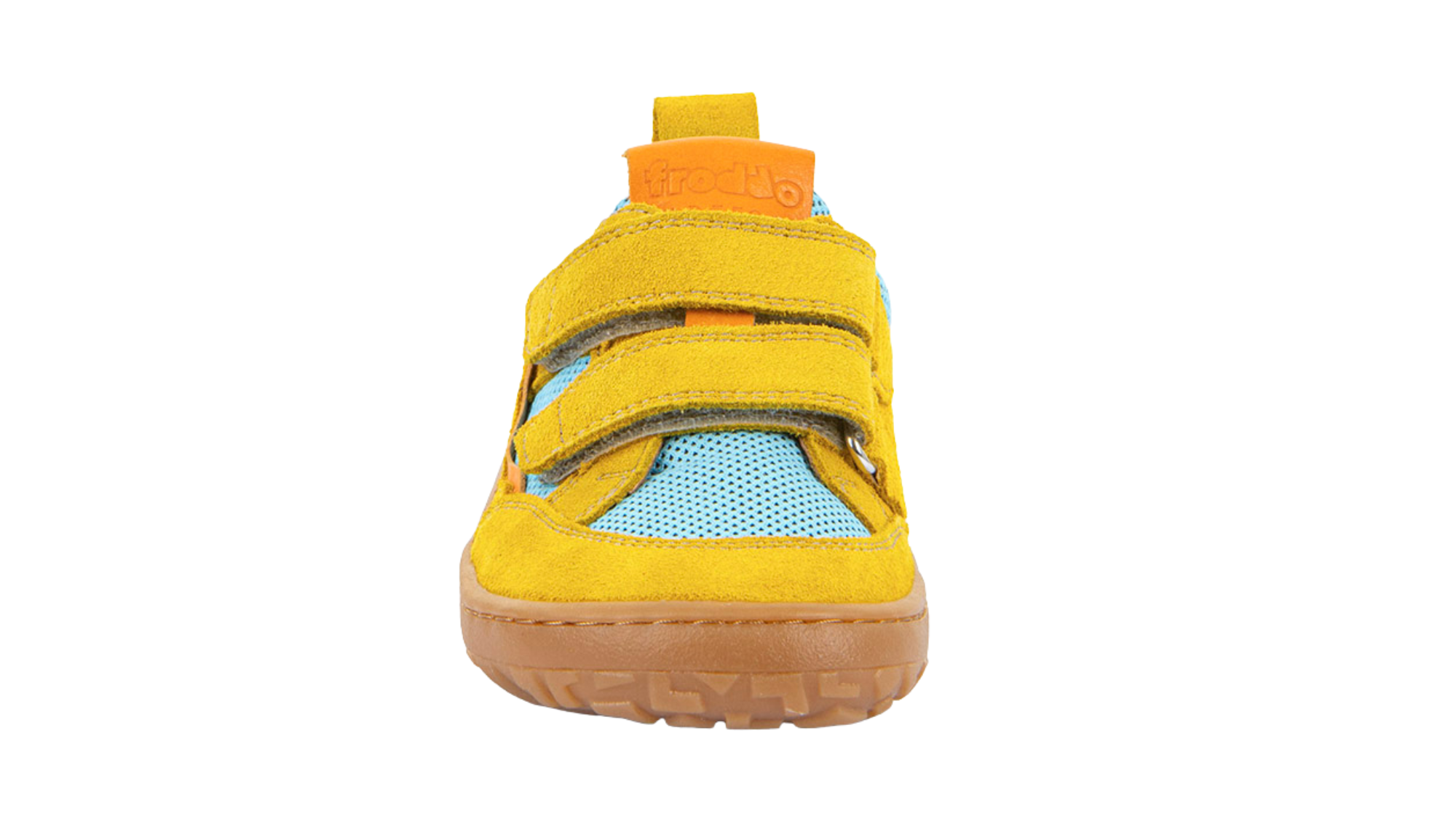 Barfußschuh für Kinder, geschlossene Zehen und geschlossener Fersenbereich, zwei Klettverschlüsse, flexible Sohle, textile Einsätze, Einzelschuh, Vorderansicht