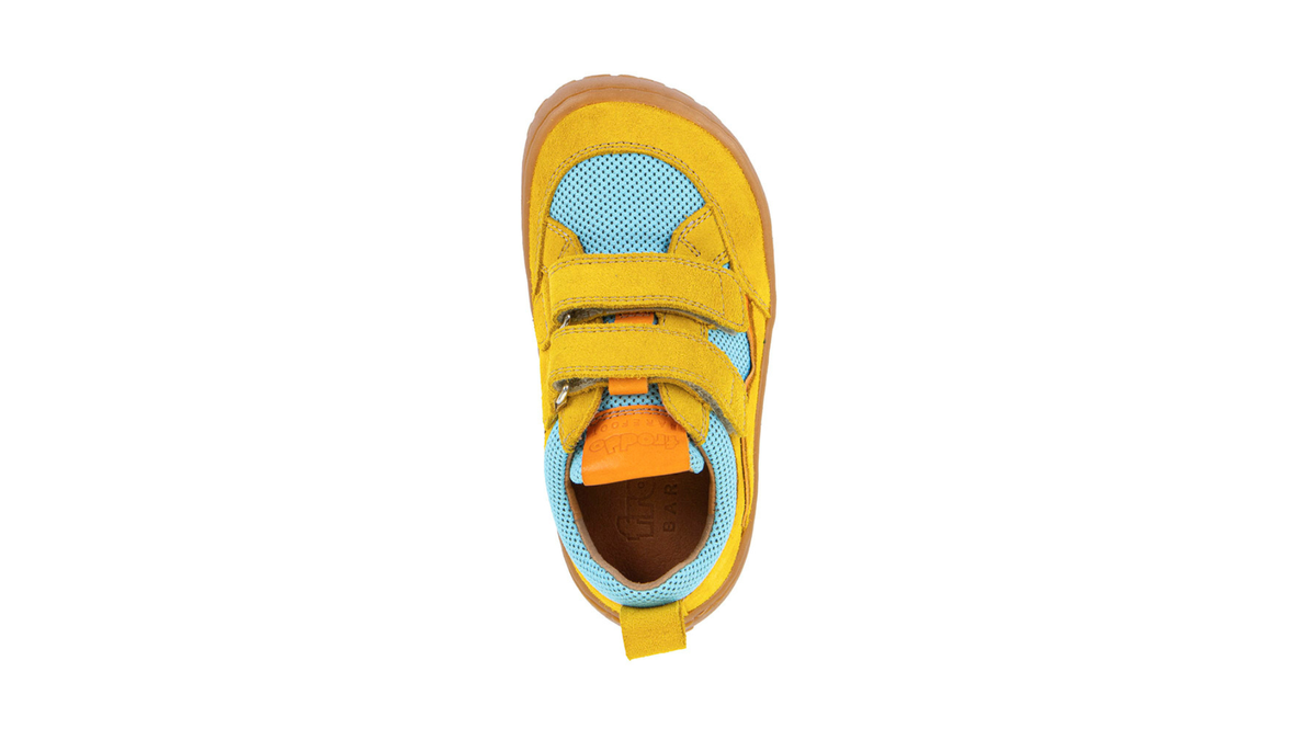 Barfußschuh für Kinder, geschlossene Zehen und geschlossener Fersenbereich, zwei Klettverschlüsse, flexible Sohle, textile Einsätze, Einzelschuh, Draufsicht