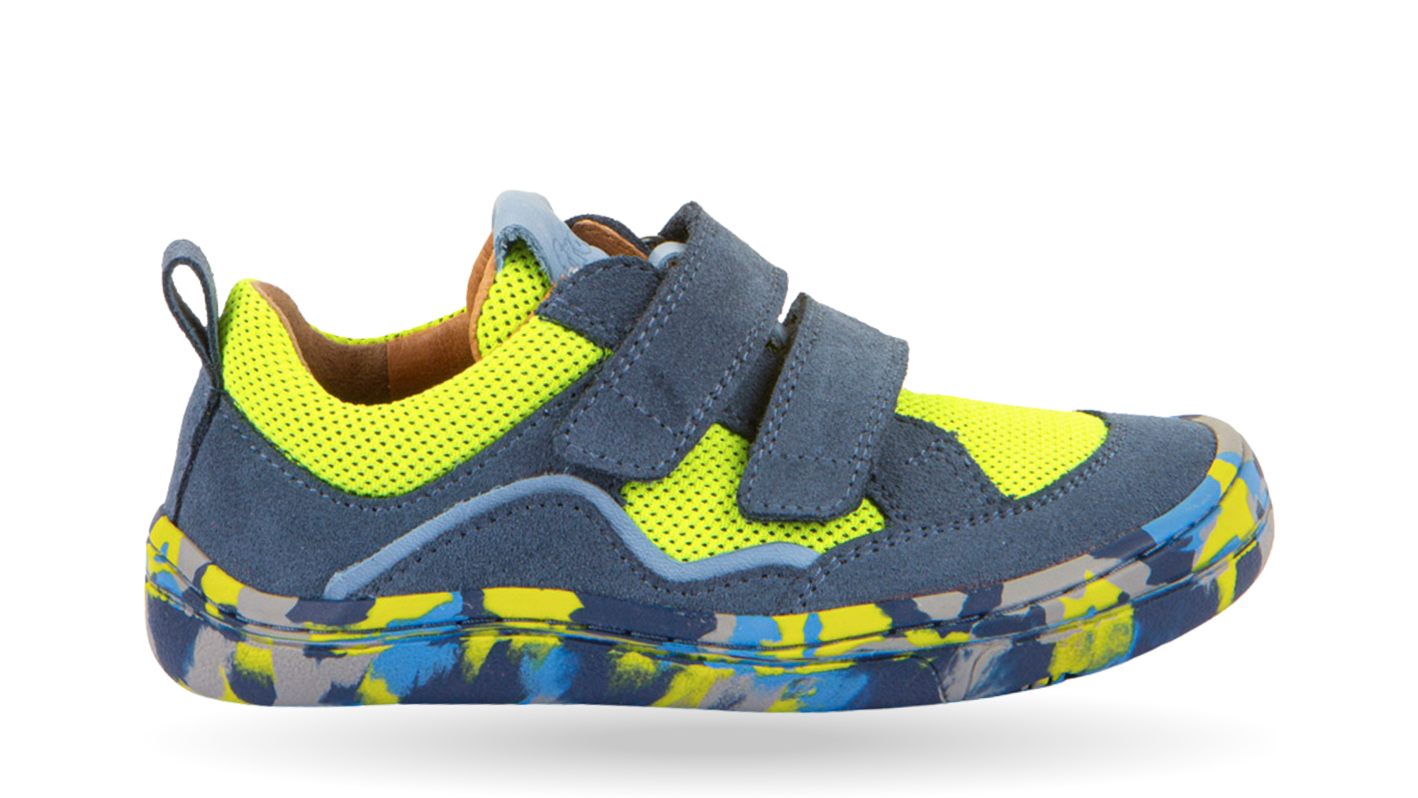 Barfußschuh für Kinder mit zwei Klettverschlüssen, geschlossene Zehen und geschlossener Fersenbereich, Seitenansicht außen, einzelner Schuh