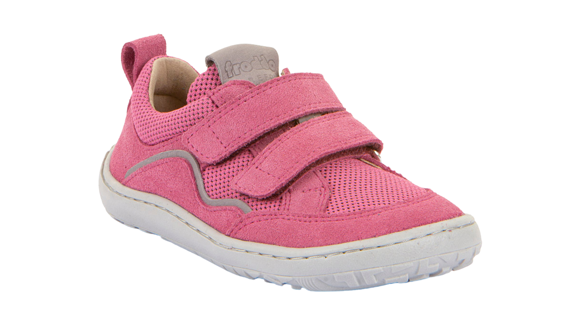 Barfußschuh für Kinder, geschlossene Zehen und geschlossener Fersenbereich, zwei Klettverschlüsse, flexible Sohle, textile Einsätze, Einzelschuh, schräge Vorderansicht