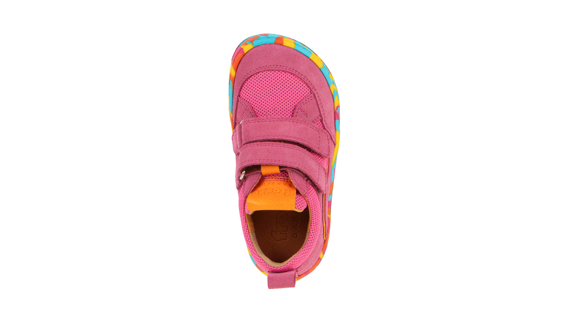 Barfußschuh für Kinder mit zwei Klettverschlüssen, geschlossene Zehen und geschlossener Fersenbereich, Draufsicht, einzelner Schuh